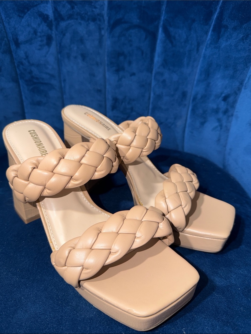 Cushionaire Women’s Braided Strap Block Heel Sandals - Beige Size 8.5